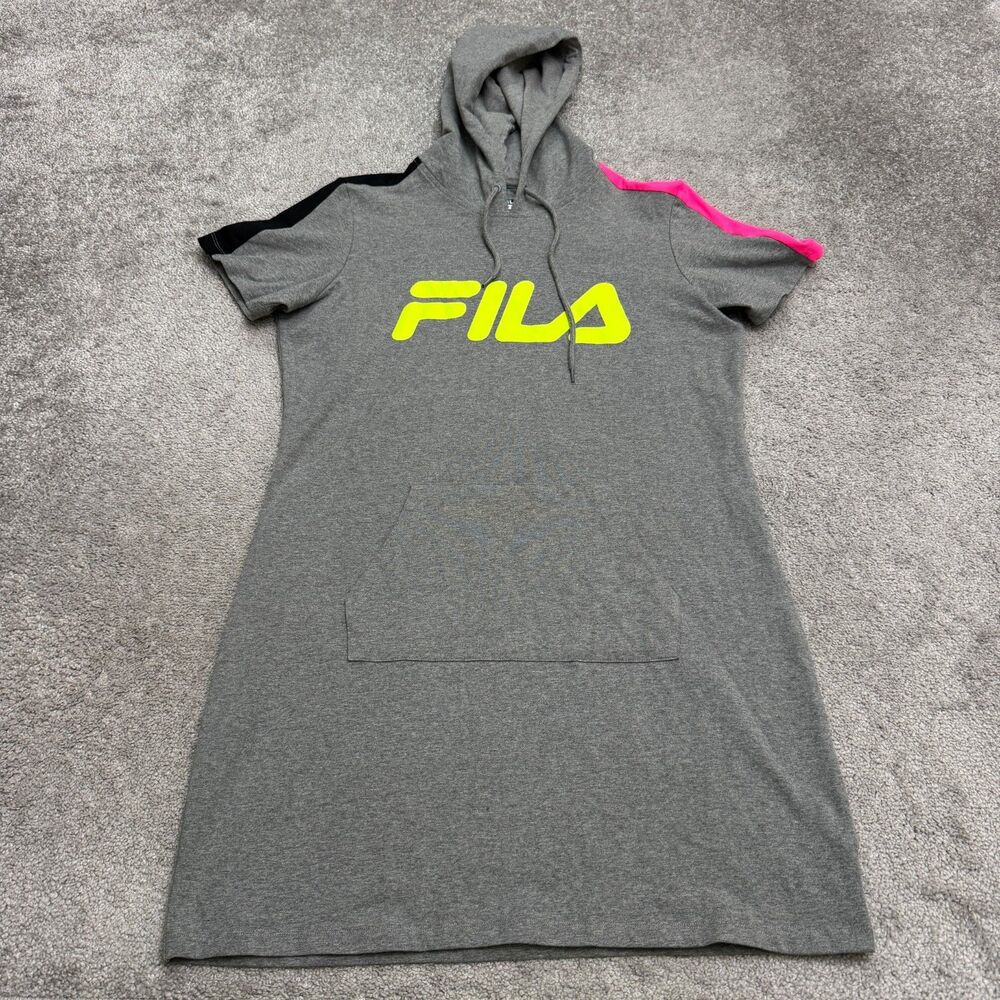 Fila Dreamy Hoodie Sweatshirt Dress Womens Large Gray Graphic Short Sleeve NWT